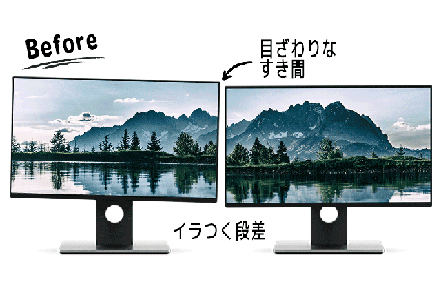 モニター間のすき間と段差がscreenbuddy®で整う様子